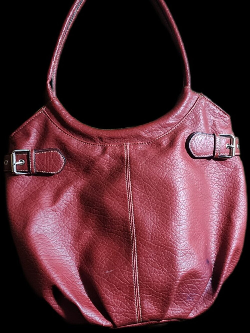 Vintage Red Faux Leather Slouchy Hobo Shoulder Bag with Side Buckle Accents